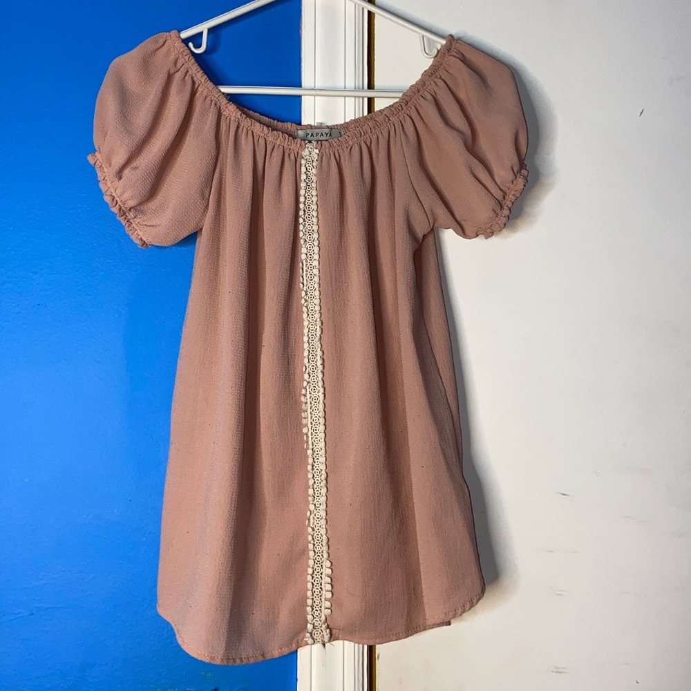 Pink shirt with white lace detail